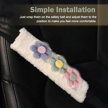 2 PCS Car Seat Belt Cover, Cute Flower Seat Strap Pads, 9.4" x 2.5" Soft Plush Safety Seatbelt Cushion, Universal Flower Car Accessories for Adults and Kids (Purple)