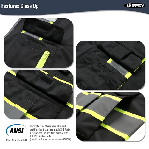 JKSafety 7 Pockets High Visibility Black Safety Vest for Men and Women Zipper Front with Hi-Vis Reflective Strips Meets ANSI/ISEA Standards(130-Black, X-Large) - color: Black-sf07, size: X-Large