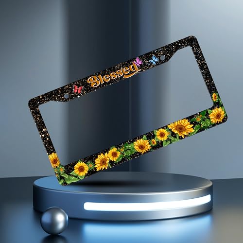 Blessed Sunflower License Plate Frame Christian License Plate Holder Personalise Stainless Steel Funny Design Compatible with Standard License Plate Frames for USA and Canada 6 X 12 Inch with Screws - color: Blessed Sunflower