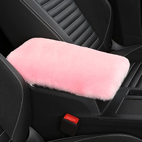 IRIWOOL Sheepskin Armrest Cover Auto Center Armrest Cover Car Soft Console Pad, Fluffy Wool Auto Center Console Cover for Most Car Arm Rest Decoration Protector 7 x 13 Inch (Shearling, Pink) - color: Pink, size: Shearling Wool