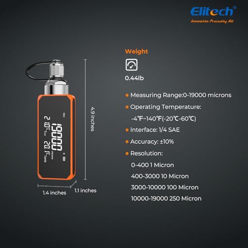 Elitech VGW-Mini Wireless Digital Vacuum Gauge with Adaptor Rechargeable Pressure Tester Meter HVAC 0-19000 Micron, Alarms via APP, Offline Recording, Temp Compensation, 1/4" SAE