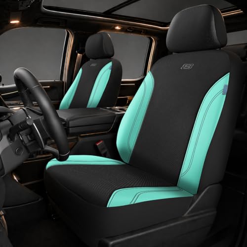 Skechers Work Seat Covers, Leather Car Seat Covers 5-Times Stronger Built-in Webbing, Oxford Fabric Front Seat Cover, Airbag Compatible, Automotive Comfort for Cars, Trucks, SUVs,Mint - color: Black and Green, size: Two Front