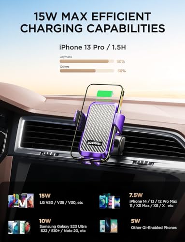 JOYMASS Wireless Car Charger, Phone Holders for Your Car, 15W Auto Clamping Phone Mount Car Accessories for iPhone 16 15 14 13 12 Mini Pro Max, Samsung Galaxy S24 Ultra S23 S22+ Note 20, etc - Purple - color: PURPLE