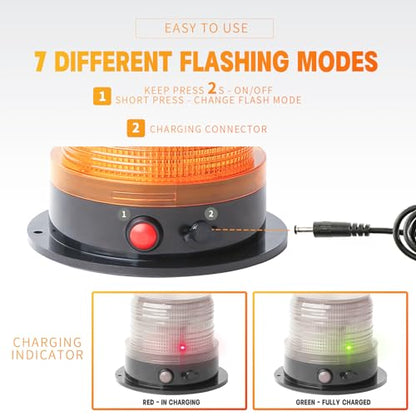 2-Pcs Battery Operated Amber Warning Beacon Light w/Magnetic Base, Portable Rechargeable Mini Roadside Roof Top Plow LED Strobe Emergency Flash Mail Lights for Trucks/Trailer/Vehicle - color: 2 amber