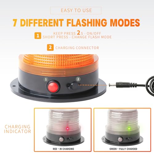 2-Pcs Battery Operated Amber Warning Beacon Light w/Magnetic Base, Portable Rechargeable Mini Roadside Roof Top Plow LED Strobe Emergency Flash Mail Lights for Trucks/Trailer/Vehicle - color: 2 amber