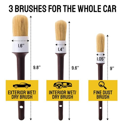 Detail Dudes Car Detailing Brush Set 3-pc - Scratch-Free Boars Hair for Interior and Exterior Work - Pro Quality Car Cleaning Brush Kit for Leather Seats, Dashboards, Wheels, Grills and Paint - size: 3 Pack(Starter)