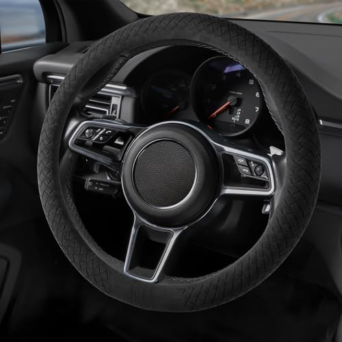 Suede Steering Wheel Cover with Upgraded Silicone Inner Ring, Breathable, Anti-Slip, Leather Universal 14.5 to 15 Inch Steering Wheel Cover (Black with Handwoven Craft) - style: Black with Handwoven Craft
