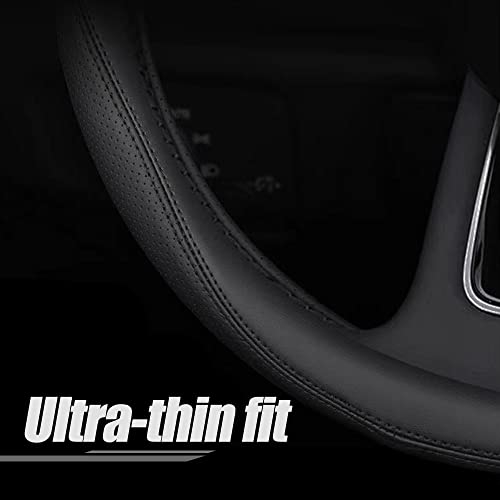 Carodi Latest Nappa Leather car Steering Wheel Cover, Stylish Non-Slip Leather car Interior 15 inches Universal（Black） - color: Black