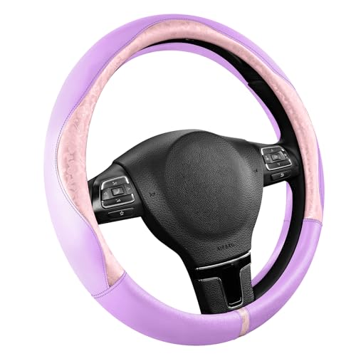 PIC AUTO Steering Wheel Cover, Pink Patterned & Light Purple Leather Patchwork Design, Universal Fit 14.5"–15.5", Anti-Slip, Soft PU Grain Leather, Durable Grip Car Accessory for Girls & Women - color: Pink & Light Purple