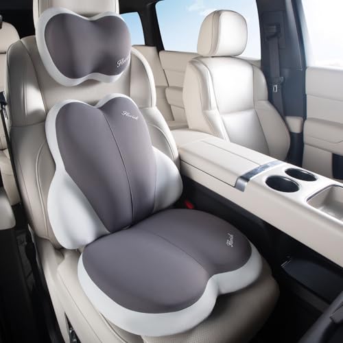 FLORICH 3 PCS Seat Cushion for Carseat Lumbar Support Pillow Car Neck Headrest Pillows Ultrathick Memory Foam Seat Pads Pressure Relief Back Cushion for Office Chair(Beige Grey) - color: Beige Grey, size: Cushion+lumbar+headrest
