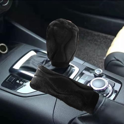 2PCS Plush Car Gear Shift Knob Cover & Handbrake Cover, Soft Fluffy Shifter Stick Protector, Comfortable Hand Brake Handle Cover, Universal Car Interior Accessories for Most Cars (Black)
