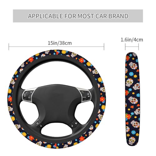 Swono Day of The Dead Sugar Skull Universal Neoprene Steering Wheel Cover Colorful Sugar Skull and Flower 15 Inch Steering Wheel Covers,Printed Steering Wheel Elastic Protection for Women and Girls - color: multi-058