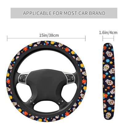 Swono Day of The Dead Sugar Skull Universal Neoprene Steering Wheel Cover Colorful Sugar Skull and Flower 15 Inch Steering Wheel Covers,Printed Steering Wheel Elastic Protection for Women and Girls - color: multi-058