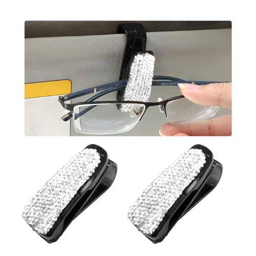 Wevdn 2 PCS Car Sun Visor Glasses Holder, Fashion Bling Car Eyeglasses Sunglasses Hanger for Women Girls, Glasses Holder Clip Hanger Mount with Ticket Card Clip, Car Accessories (White) - color: White