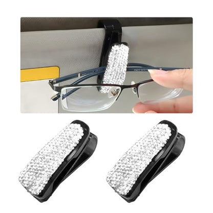 Wevdn 2 PCS Car Sun Visor Glasses Holder, Fashion Bling Car Eyeglasses Sunglasses Hanger for Women Girls, Glasses Holder Clip Hanger Mount with Ticket Card Clip, Car Accessories (White) - color: White
