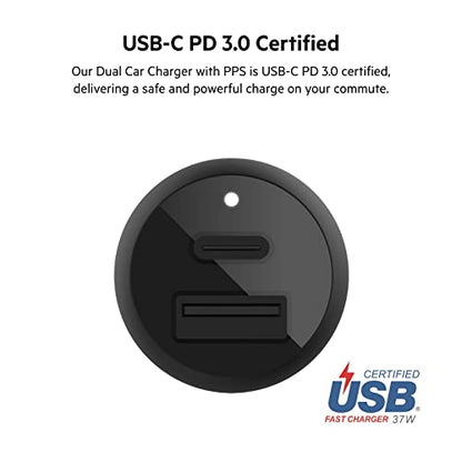 Belkin 37W Dual Port Fast Car Charger with 3.3ft USB-C Cable Included, USB-C 25W PPS Port and USB-A 12W Port for Galaxy S23, S23+, Ultra, Note20, iPhone 14, 13, 12, 11, Pro, Max, Mini and More - style: Dual USB-A & C 37W + USB-C Cable