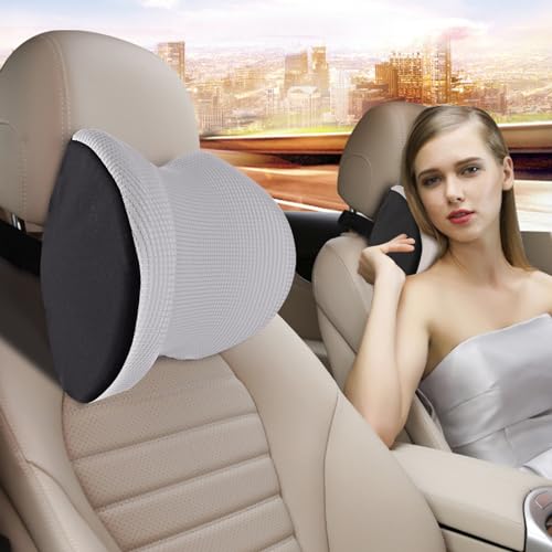 SPRFUFLY Cozy Car Headrest Pillow, Car Pillow for Driving with Adjustable Strap, Breathable Removable Cover & Ergonomic Design - Softness Travel Car Neck Pillow(Moonlight Silver, 1PC) - color: Silver