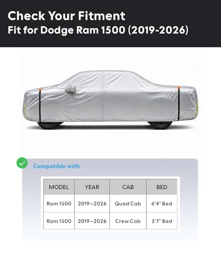 Wigoo Dodge Ram 1500 Truck Car Cover Accessories 2019-2026, Custom Fit Waterproof All Weather Outdoor Full Pickup Cover, Windproof UV Rain Snow Dust Protection, Door Zipper, Reflective Strips - size: for Dodge RAM 1500 (2019-2026)