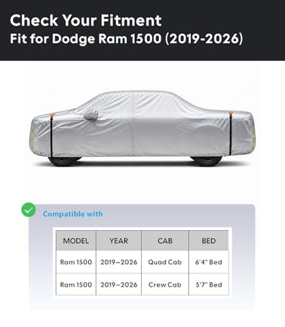 Wigoo Dodge Ram 1500 Truck Car Cover Accessories 2019-2026, Custom Fit Waterproof All Weather Outdoor Full Pickup Cover, Windproof UV Rain Snow Dust Protection, Door Zipper, Reflective Strips - size: for Dodge RAM 1500 (2019-2026)