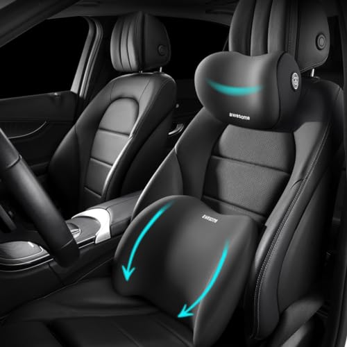 Car Lumbar Support Pillow and Car Neck Pillow Kit, Ergonomic Car Seat Headrest & Lumbar Cushion with Adjustable Strap for Neck Back Pain Relief, for Office Chair/Truck/Wheelchair (Black) - color: Black