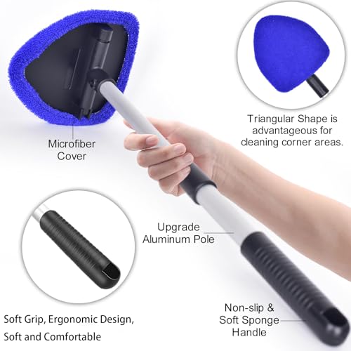 desin Windshield Cleaning Tool, Car Window Cleaner Windshield Cleaner with 4 Reusable and Washable Microfiber Pads and Extendable Handle Auto Inside Glass Wiper Kit (Dark Blue) - color: Dark Blue