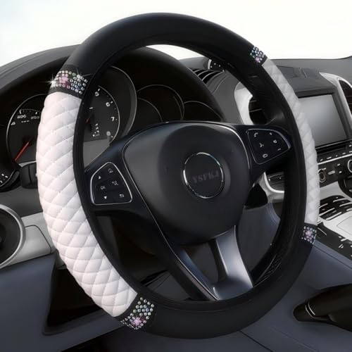 Soft Leather Car Steering Wheel Cover, Universal 15 Inch Colorful Rhinestones Anti-Slip Elastic Steering Wheel Covers for Most Cars, Sparkly Crystal Diamond for Women Girls (White) - color: White