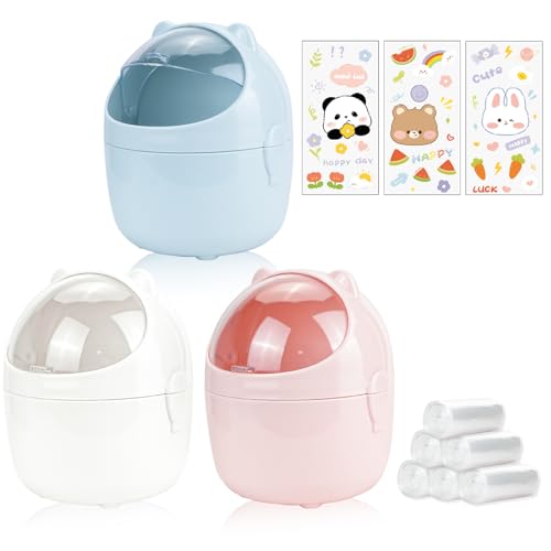 3 Pack Cute Mini Trash Can, Small Desk Trash Can with Lids, Countertop Tiny Garbage Cans with 180 Trash Bags and 3Pcs Stickers, Kawaii Plastic Waste Bin for Bathrooms Kitchen Office - color: Style 2, 3Pcs