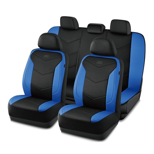 Skechers Memory Foam Seat Covers,Leather Car Seat Covers, Ultimate Comfort & Support Seat CoversFull Sets,Airbag Compatible, Automotive Universal Fit Most for SUVs, Vans, Sedans, Cars, Trucks,Blue - color: Black and Blue, size: Full Set (Front & Rear)