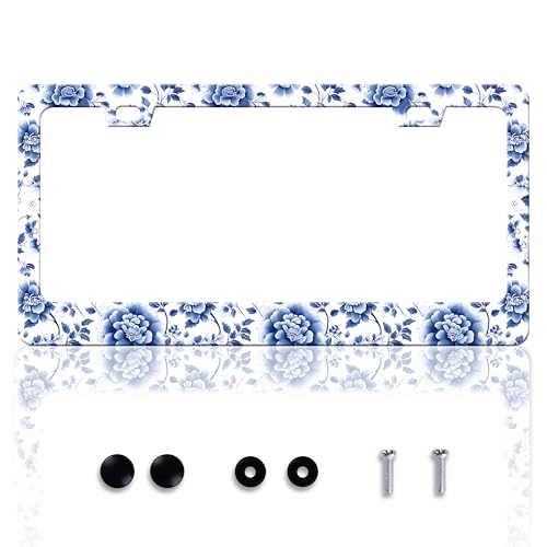 Blue White Porcelain Flowers License Plate Frame Floral License Plate Frames Personalise Stainless Steel Funny Design Compatible With Standard License Plate Holder For Usa Canada 6 X 12 In With Screws - color: Blue White Porcelain Flowers
