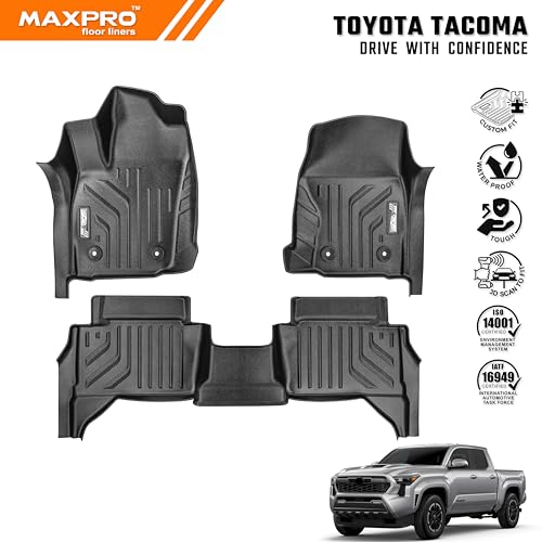 Premium MAXPRO Tacoma Floor Mats 2024 2025 2026 Toyota Tacoma Double Cab Automatic 1st&2nd Row Car Mats All Weather Waterproof TPE Floor Liners Custom Fit Truck Car Mats Accessories Tapetes Para Carro - size: 2024-2025 Toyota Tacoma, Automatic, Double Cab