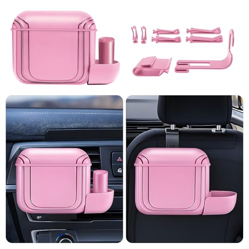 Car Trash Can with Lid, Mini Leakproof Vehicle Garbage Can with 1 Roll Trash Bags, Multipurpose Automotive Garbage Container & Storage Organizer, Universal for Truck SUV Sedan (Pink)