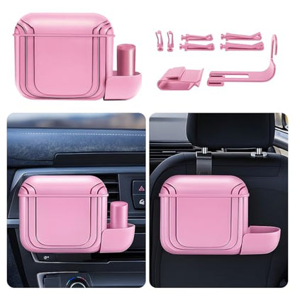Car Trash Can with Lid, Mini Leakproof Vehicle Garbage Can with 1 Roll Trash Bags, Multipurpose Automotive Garbage Container & Storage Organizer, Universal for Truck SUV Sedan (Pink)