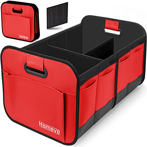 Homeve Trunk Organizer, Car Storage, Reinforced Handles, Collapsible Multi-Compartment, Foldable, Waterproof, Sturdy, 600D Oxford Polyester For Car, SUV, Mini-Van, Red, 2 Compart | Collapsible, Reinforced Handles, Foldable, Waterproof, Suitable for Any Ca