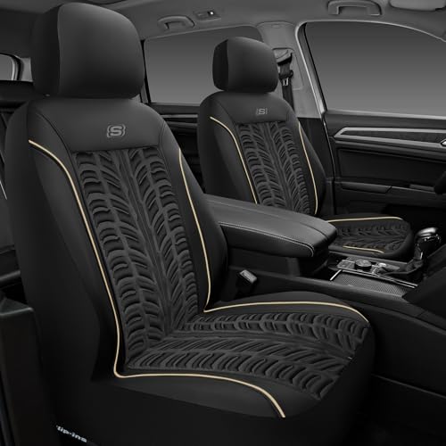 Skechers Slip-Ins Seat Covers, Memory Foam 3D Tyre Embossed Leather Car Seat Covers Front Seats Airbag Compatible, Universal Automotive Comfort for Most Cars, Vans, Trucks, SUV, Beige - color: Black and Beige, size: Two Front
