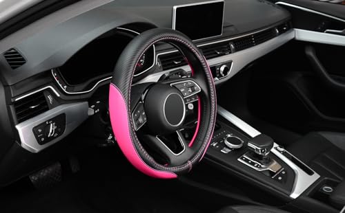 LABBYWAY Microfiber Leather Auto Car Steering Wheel Cover, Universal Fit 15 Inch Anti-Slip Wheel Protector, Pink - color: Fiber Pink