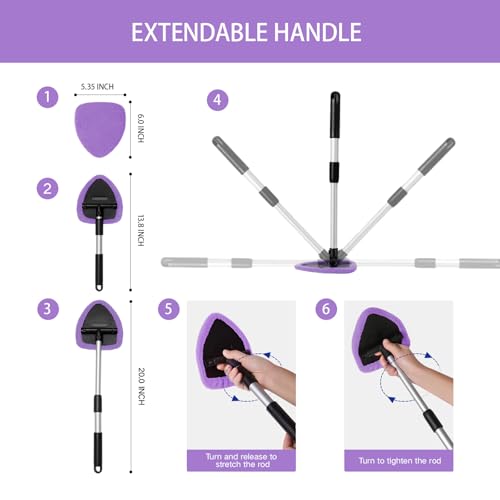Qydipclin 10pcs Windshield Cleaning Tool Inside Car Window Cleaner Wash Kit with 4 Reusable Microfiber Pads 1 Spray Bottle and Extendable Handle Interior Auto Glass Wiper Kit, Purple - color: Purple