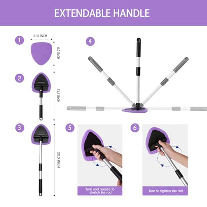 Qydipclin 10pcs Windshield Cleaning Tool Inside Car Window Cleaner Wash Kit with 4 Reusable Microfiber Pads 1 Spray Bottle and Extendable Handle Interior Auto Glass Wiper Kit, Purple - color: Purple