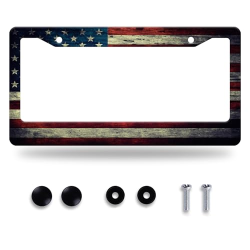 American Flag License Plate Frame Vintage USA Flag License Plate Stainless Steel Funny License Plate Holder Patriotic Car Accessories Decoration with Screws Fits Standard Vehicles Size 12.3" x 6.3" - color: Vintage America Flag Design