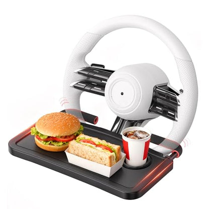 Car Steering Wheel Tray for Drivers Steering Wheel Tray for Dining, Mobile Office & Travel Food with Cup Holder, Scratch-Free EVA Hook Covers, 2-in-1 Desk Table for Car - Black