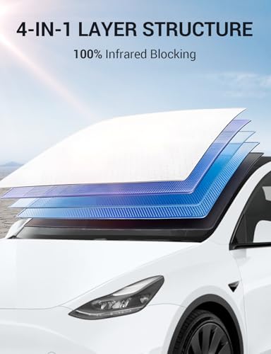 BASENOR 2017-2026 Tesla Model Y Model 3 Windshield Sunshade Umbrell [Nano Ice Crystal Particle] Front Window Shade, Coating 100% Heat Protection Retractable Sunshades - size: Model 3/Y Umbrella