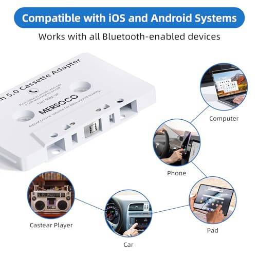 Car Audio Bluetooth 5.0 Cassette Receiver, Cassette Bluetooth Adapter for Car Tape Player, Wireless Cassette Aux Adapter with Hands-Free Calling, Universal Compatibility for Smartphone,Tablet(White)