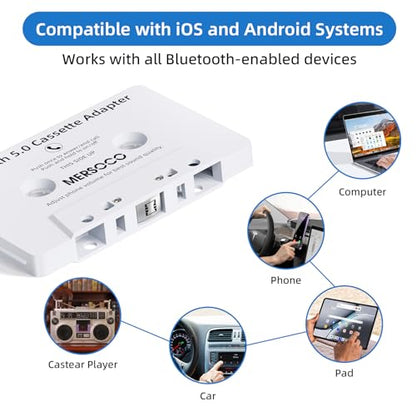 Car Audio Bluetooth 5.0 Cassette Receiver, Cassette Bluetooth Adapter for Car Tape Player, Wireless Cassette Aux Adapter with Hands-Free Calling, Universal Compatibility for Smartphone,Tablet(White)