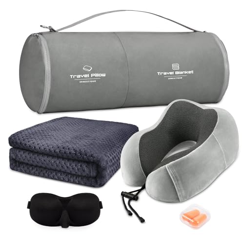 urnexttour Travel Pillow and Blanket Set Neck Pillows Soft Blankets with Sleep Mask Travel Essentials for Airplane Car Memory Foam Grey - color: B-grey