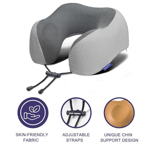 napfun Neck Pillow for Travel with Travel Pouch, Sleep Mask & Earplugs, Memory Foam Airplane Pillow for Headrest Sleep with Eyeshades, Plane Essentials with Eye Blindfold, Light Gray Striped Kit - color: Light Gray Striped Kit