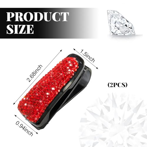Wevdn 2 PCS Car Sun Visor Glasses Holder, Fashion Bling Car Eyeglasses Sunglasses Hanger for Women Girls, Glasses Holder Clip Hanger Mount with Ticket Card Clip, Car Accessories (Red) - color: Red
