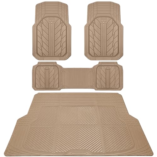CAR PASS Floor Mats for Cars M-L Size, Heavy Duty Rubber Floor Mats with Trunk Cargo Liner, Universal Trim-to Fit Automotive Floor mats for Truck Van SUV Waterproof All Weather Car Mats All Beige - color: all beige