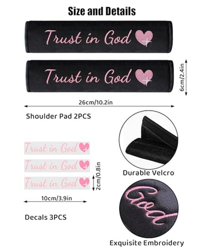 2 Pack Car Seatbelt Covers with 3 PCS Trust in God Rearview Mirror Stickers，Soft Seatbelt Cushion，All Season Pink Christian Car Accessories for Women - color: Trust in God Pink