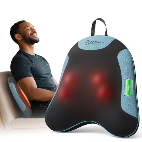 COMFIER Cordless Back Support Pillow for Office Chair, Lower Back Massager with Heat, Shiatsu Back Support Cushion, Rechargeable & Portable for Office, Home Use, Gift for Women - color: Blue