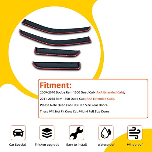Window Visor Rain Guards Compatible with 2009-2018 Dodge Ram 1500 Quad Cab/Extended Cab,Window Wind Deflector Vent Visors for Trucks Accessories Outside Mount Tape-On 4 Pieces - size: for 2009-2018 Dodge Quad/Extended Cab