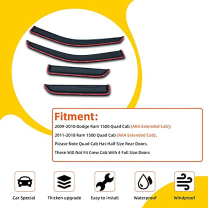 Window Visor Rain Guards Compatible with 2009-2018 Dodge Ram 1500 Quad Cab/Extended Cab,Window Wind Deflector Vent Visors for Trucks Accessories Outside Mount Tape-On 4 Pieces - size: for 2009-2018 Dodge Quad/Extended Cab